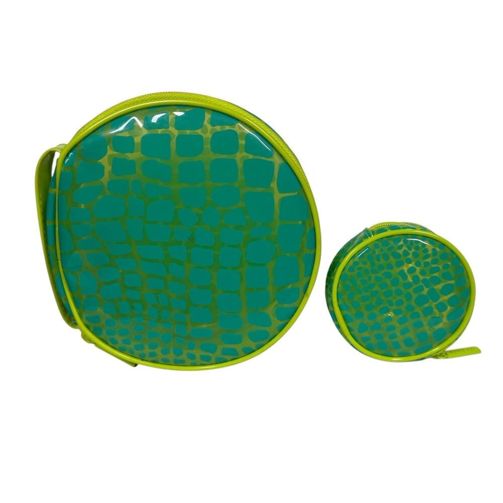 Vtg Clinique Round Yellow Aqua Croc Makeup Toiletry Jewelry Bags Set of 2